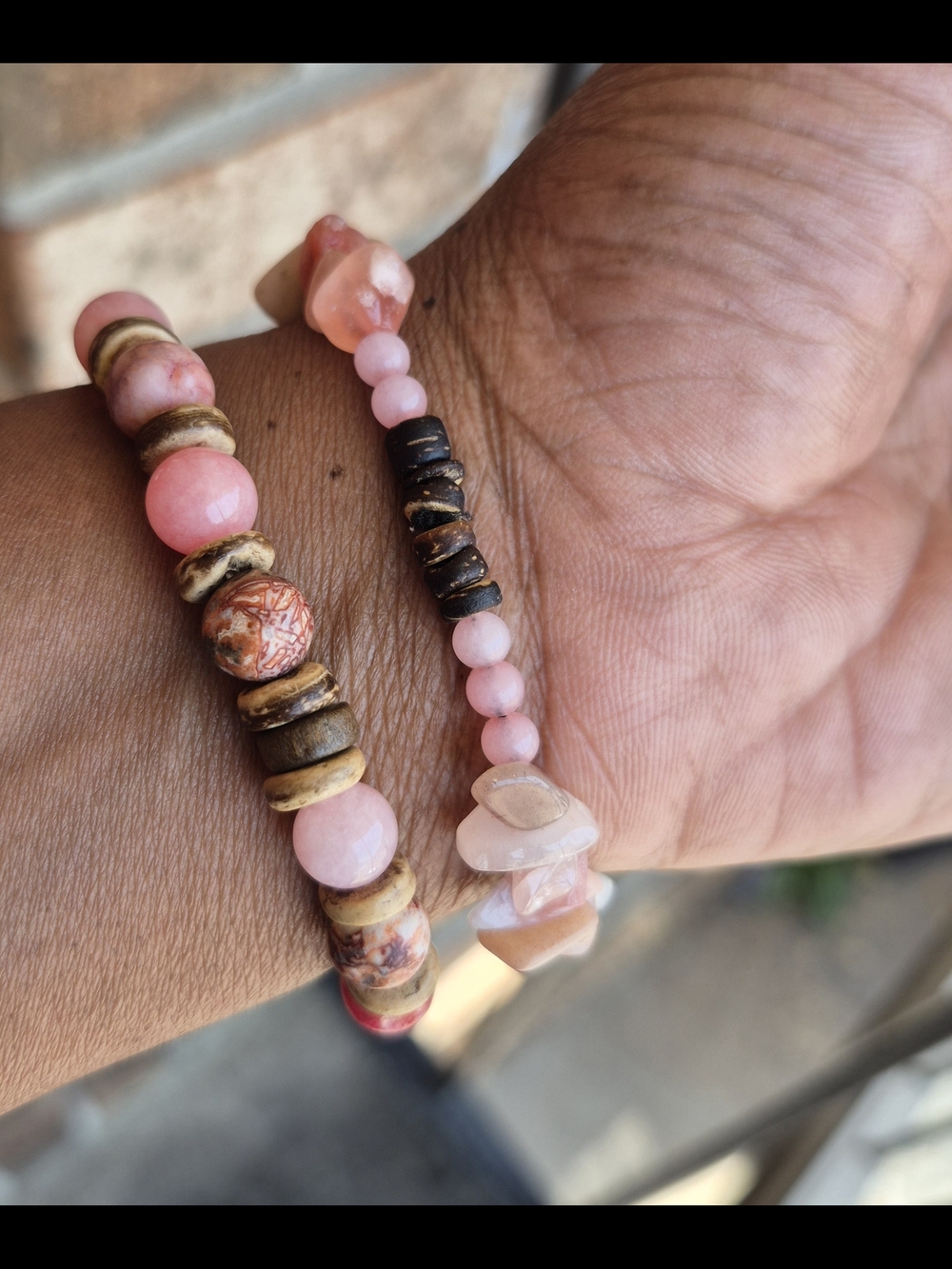 Handmade Pink Jade And Coconut Shell Braclet Set! - Picture 6 of 11